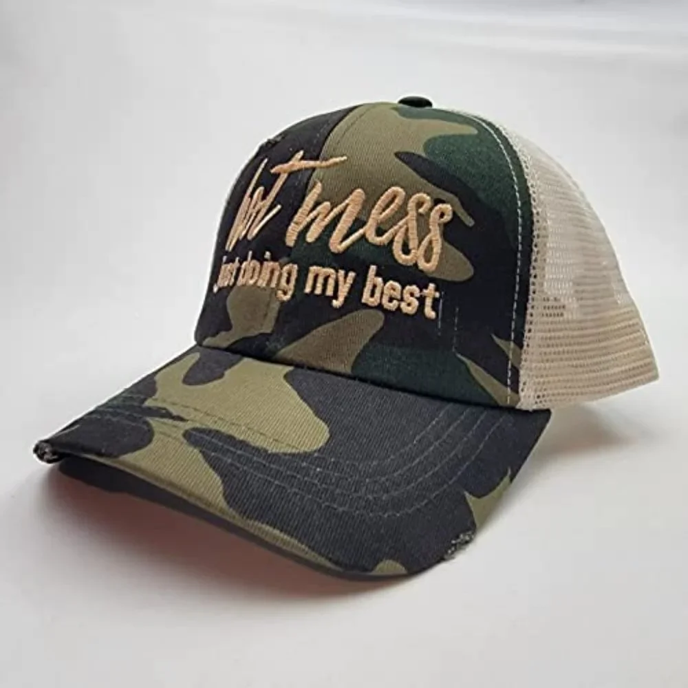 Hot Mess Just Doing My Best Women's Ponytail Cap Hat Camouflage Mesh Cotton